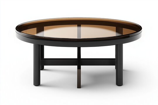 table basse contemporaine &eacute;l&eacute;gante avec un plateau en verre rond et des pieds en m&eacute;tal noir, minimaliste, fond blanc, d&eacute;coration, objet 3D r&eacute;aliste, HDR, photographie de studio, d&eacute;coration, tendance