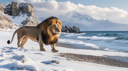 Majestic lion strolling along a snowy beach, waves crashing near rocky cliffs under a breathtaking mountain backdrop.