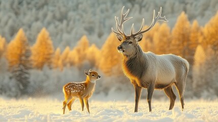 Obraz premium A serene winter scene featuring a majestic deer and its fawn, standing in a snow-covered woodland with golden light.