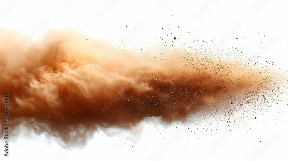 Poster brown dust cloud explodes dynamically across white