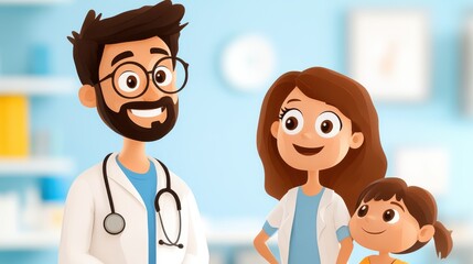 A bearded doctor interacts with a happy family, including two women and a child, in a bright clinical setting, conveying the theme of family healthcare.