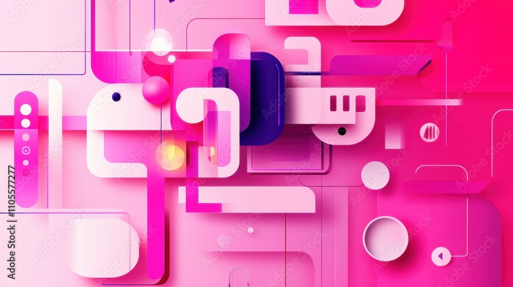Poster vibrant, abstract composition of overlapping shapes and lines in various shades of pink and purple, 