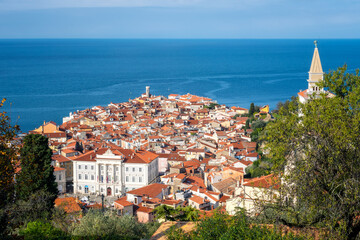 Long shot view of picturesque Piran town with the old town and buildings with red roofs on the background of Adriatic sea, Slovenia.