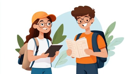 Illustrated duo with backpacks discussing and reading papers surrounded by greenery, symbolizing curiosity and teamwork. In vibrant cartoon style typical of 2020s.