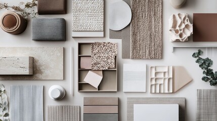 An artistic arrangement of neutral-toned textures and materials featuring varied patterns and organic shapes.