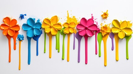 Row of colorful flowers made of paint, with drips of paint cascading down from each one, creating a vibrant and visually appealing scene