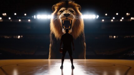 Silhouette of a person facing a giant roaring lion in a basketball arena, with dramatic lighting