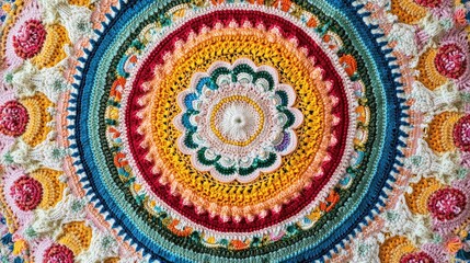 Obraz premium Colorful crochet mandala art displayed on a textured background showcasing intricate patterns