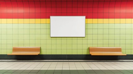 Vibrant subway platform with bright tiled walls, wooden benches, and an empty advertising space, capturing urban minimalism.