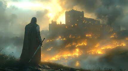 Warrior Watches Castle Burn in Fiery Ruin, Epic Fantasy Setting