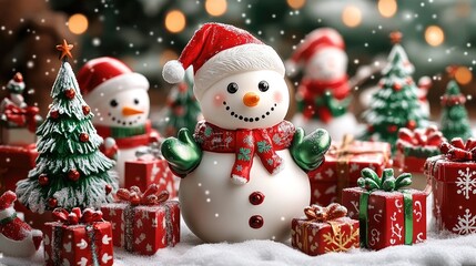 A festive Christmas scene with snowmen, presents, and decorations