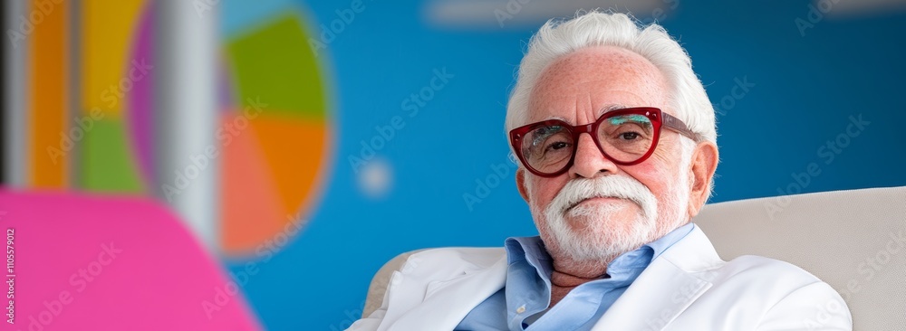 Poster man in a white jacket and red glasses is sitting in front of a colorful wall. he is looking at a lap