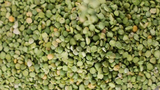 raw green split pea falling from above