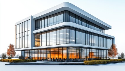 Obraz premium A modern office building with glass windows, isolated on a white background