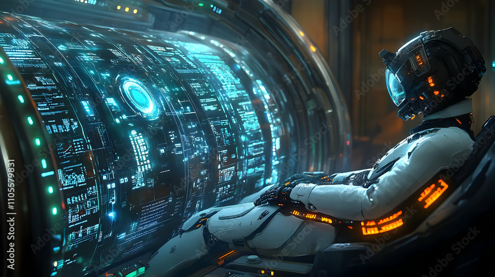 Poster astronaut views futuristic data streams on a giant screen