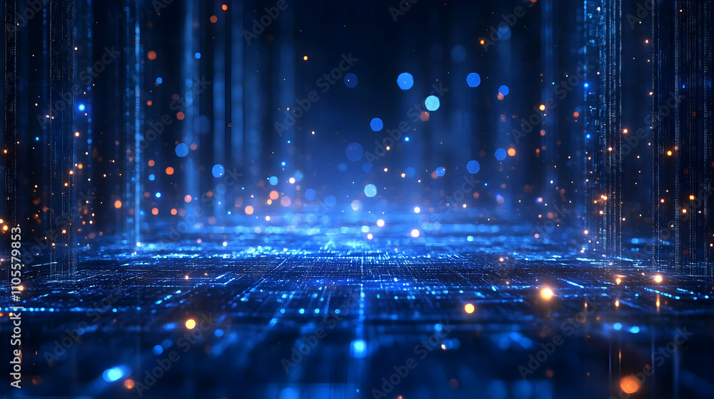Poster digital data streams flowing, illuminating network