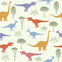 Prehistoric dinosaurs seamless pattern background, vector cartoon dino silhouettes. T Rex dinosaur, Jurassic lizards and reptiles with forest trees in pattern for kids print or textile background