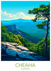 Cheaha State Park Alabama Poster Illustration Travel Print Decor Gift Paper Canvas Wall Retro Art