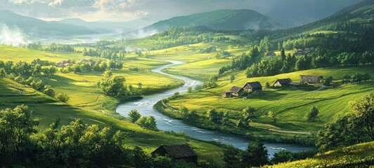 Obraz premium Serene River Valley Landscape: Picturesque Winding River, Lush Green Fields, and Charming Rustic Houses