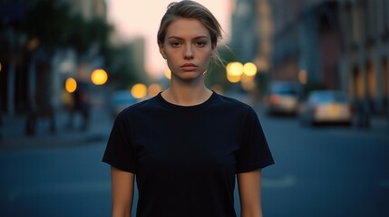 Fototapeta premium Serious young woman stands on city street at dusk. Urban scene with blurred cars, lights. Wears simple black t-shirt. Evening city atmosphere. Photo evokes contemplation, urban life. Focus on