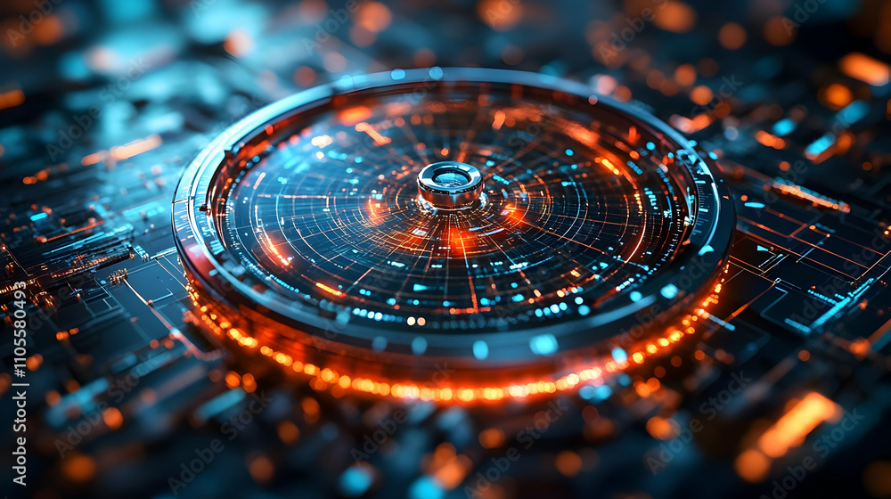 Poster futuristic tech interface: data streams & circuits glow brightly