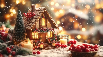 Christmas decorations, a Christmas tree, and a small house with lights on the table