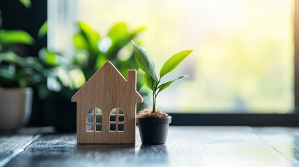 Modern Office Concept  Landlord Services Consultation Symbolized by Wooden House Model and Growing Plant, Representing Growth and Sustainable Property Management.