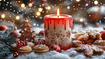 Christmas candles, Christmas decorations, and sweets on the table, with a snow background