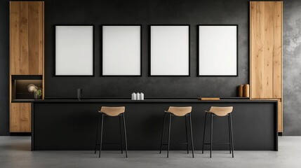 Modern minimalist kitchen interior with dark tones, wooden cabinets, bar counter, stools, and three blank vertical frames on the wall, emphasizing a sleek contemporary design.