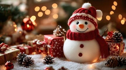 Obraz premium A snowman sits at the table, wearing red and white with Christmas decorations on them