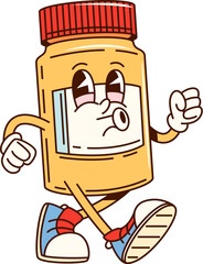 Groovy pills bottle character confidently walking in hippie sneakers. Isolated cartoon vector medical healthcare medicine personage embodying health, wellness or pharmaceutical vibes with a fun twist