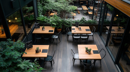 Modern urban outdoor cafe with wooden tables, black chairs, greenery and glass walls creating a relaxed dining atmosphere.
