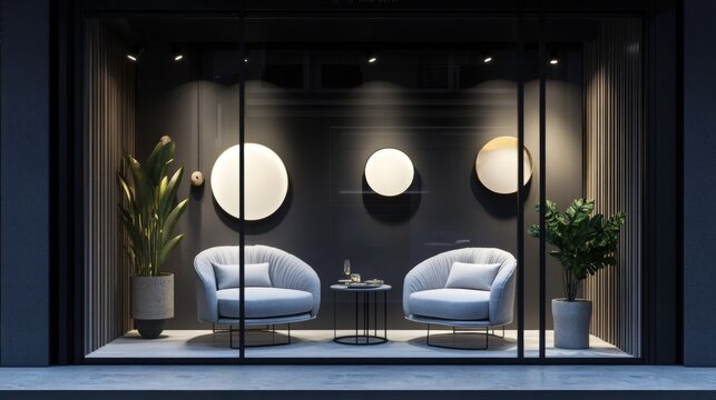 Elegant Modern Shop Window Display Featuring Comfortable Seating