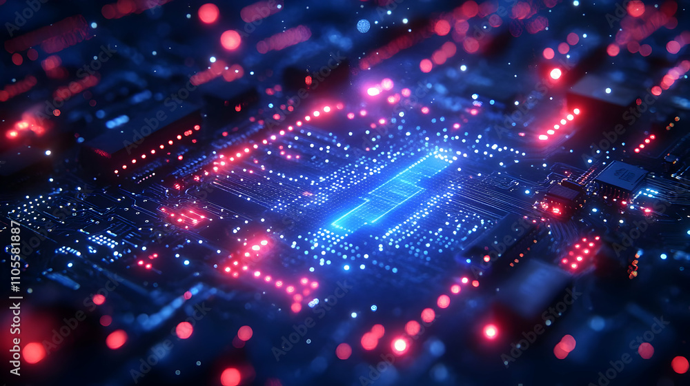Poster circuit board's glowing data streams & signals process rapidly