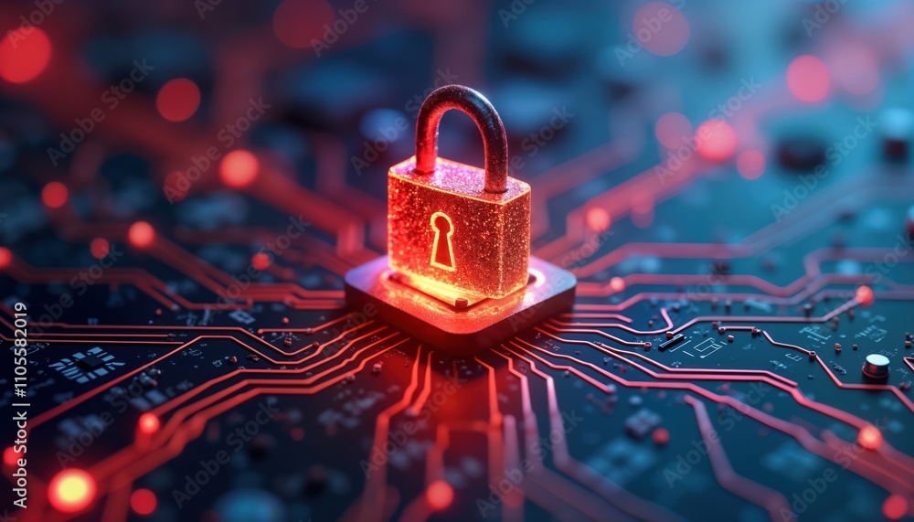 Leinwandbilder Glowing padlock icon on circuit board data security. Modern tech protection concept. Secure connection. Digital privacy. Futuristic safety tech. Advanced security system. Information network safety.