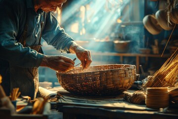 Fototapeta premium Elderly Craftsman Carefully Weaving a Bamboo Basket