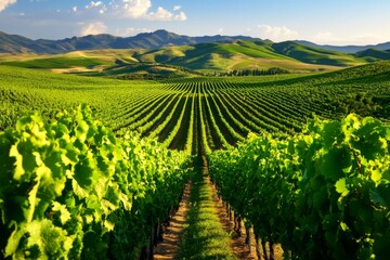 Fototapeta premium Expansive Vineyard with Neatly Aligned Grapevines and Rolling Hills Under a Clear Blue Sky