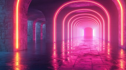 3d render, abstract geometric neon background, wide panorama with ultraviolet glowing lines