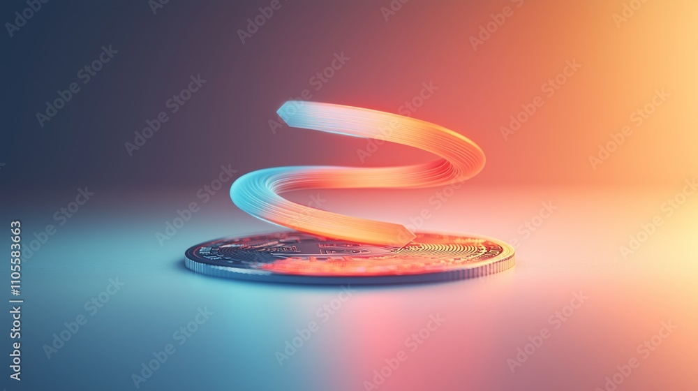 Poster spiraling motion above coin on gradient surface