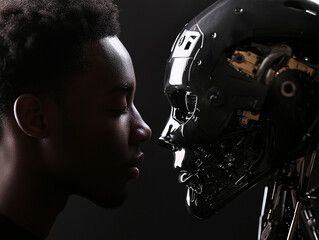 A man face to face with robot
