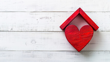 Red wooden heart sign with roof on white background, copy space., Love home symbol, valentines day, insurance concept