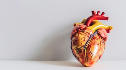 Naklejka premium A close-up of a human heart model, with detailed anatomical features highlighted, placed on a white background with copy space for text. The heart model shows a condition with visible irregularities, 