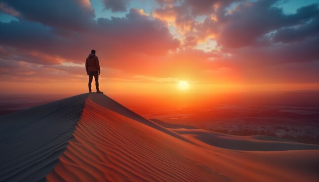 Person stands atop sand dune at sunset. Sunrise colors highlight sky, sand. Stunning landscape. Adventure seeker enjoys tranquil moment. Perfect for travel posters motivational prints. Inspiring