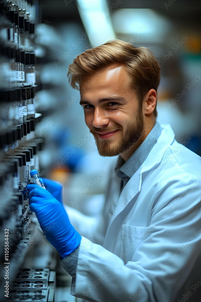 Poster smiling scientist in lab realistic photo