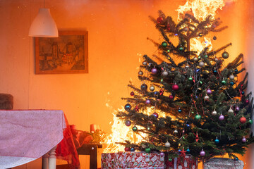 Simulation of a apartment fire caused by a Christmas wreath catching fire at the annual press conference of the Berlin fire department on fire protection during the Christmas season