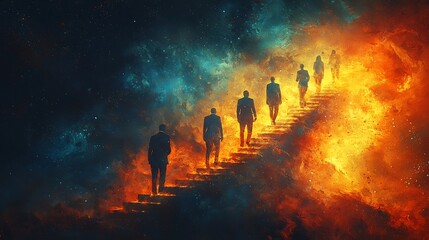 Fototapeta premium Businesspeople Climbing Stairway of Glowing Progress Bars Towards Business Vision and Success