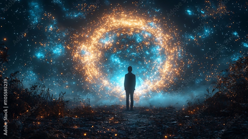 Poster business professional gazing into crystal ball with floating data visualizations
