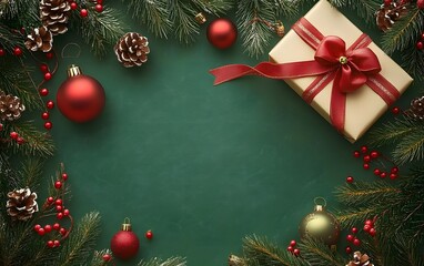 Christmas themed background featuring ornaments, a gift box with a red ribbon, and pine branches for seasonal decorations