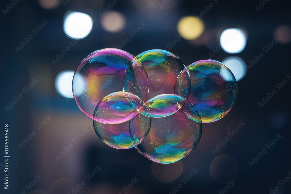 Aufkleber Group of soap bubbles floating showing iridescent colors with blurred background lights