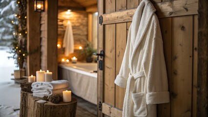 Warm bathrobe and cozy winter decor by the fire for self-care and relaxation.
